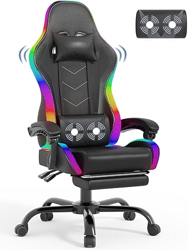 Devoko LED Gaming Stuhl mit Massage, Computerstuhl mit Fußstütze Massage-Lendenkissen, Racing Gamer Stuhl Ergonomisch mit Verstellbare Kopfstütze, Bürostuhl Gaming Stuhl 130 kg belastbarkeit,Schwarz - Schwarz