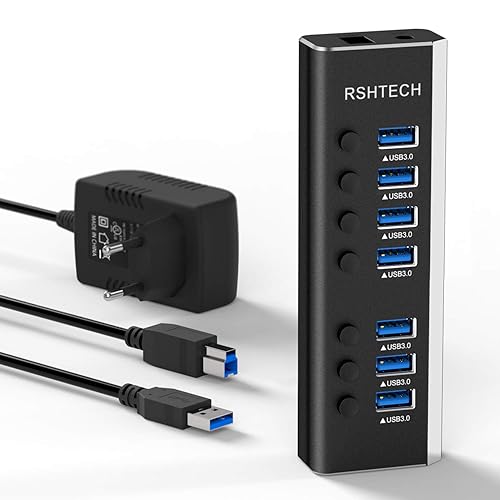 RSHTECH Aluminium 24W USB Hub Aktiv 3.0 mit 12V/2A Netzteil, 7-Port USB 3.0 Hub Multiport USB 3.0 Verteiler, zum Laden und zur Datenübertragung, mit Einzelnen On/Off Schalter und LED (RSH-A37S) - 7-Port USB 3.0 Hub