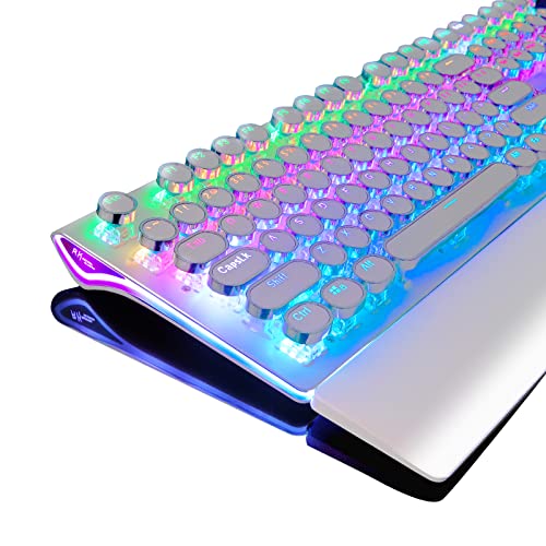 RK ROYAL KLUDGE S108 Typewriter Style Retro Mechanical Gaming Keyboard Wired with True RGB Backlit Collapsible Wrist Rest 108-Key Red Switch Round Keycap - White - Red switch - White