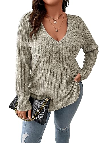 Koscacy Women Plus Size Casual Knit Sweater V Neck Solid Color Tops Lightweight Long Sleeve Blouses - Apricot - 3X