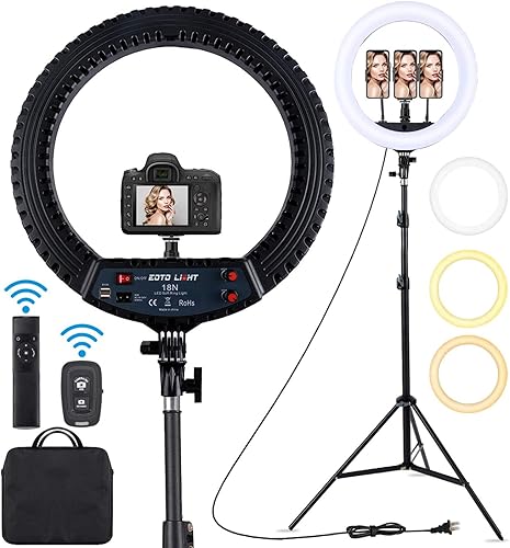 18 inch LED Ring Light with Tripod Stand Dimmable Makeup Ring light for Studio Portrait YouTube Vlog Video Shooting with Remote Controller, CRI 90