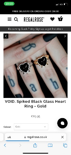 Spiked Black Glass Heart Ring 