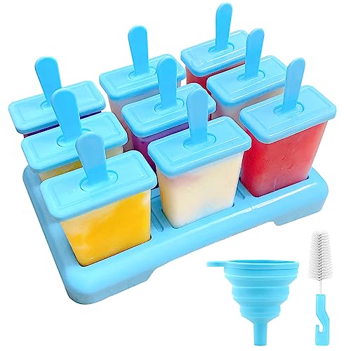 Alinana Ice Lolly Moulds with Sticks, 9 Cavities Popsicle Mould, Food Grade BPA-Free Ice Pop Moulds, DIY Ideas Ice Lolly Moulds with Cleaning Brush, A Funnel - 9 Cavities