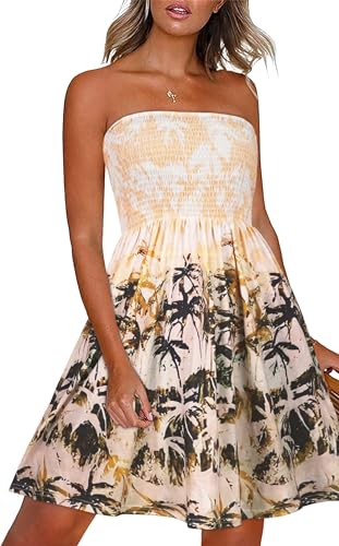 CHICGAL Summer Dresses for Women Beach Cover Ups Strapless Boho Floral Print Sundress - Large - Yellow Coconut Tree