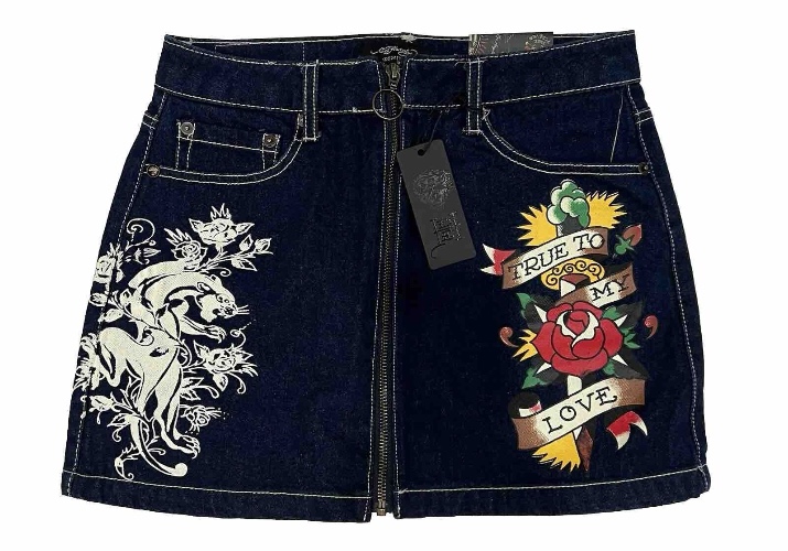 Ed Hardy Denim Mini Skirt Rose 🌹 Panther  XS NEW