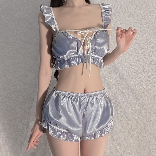 Satin Pajama Set with Lace-Up Crop Top and Shorts - Grey / L