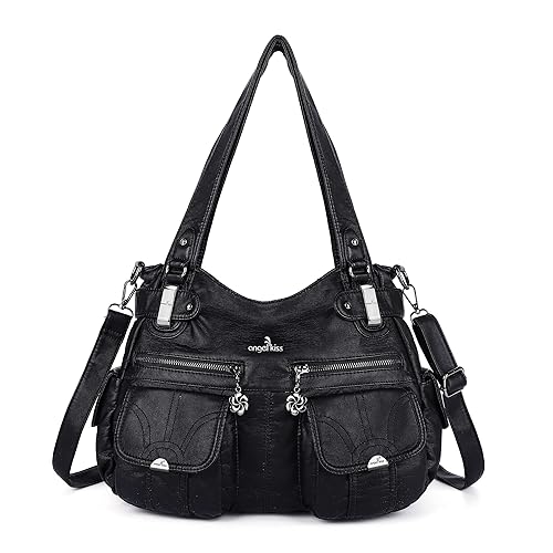 Purses and Handbags Women Tote Shoulder Top Handle Satchel Hobo Bags Fashion Washed Leather Purse - 1-1#black