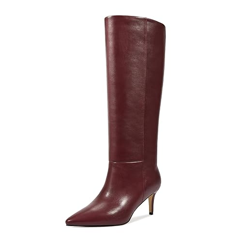 wetkiss Knee High Boots for Women, with Kitten Heel and Pointed Toe Design, Classic and Sexy - 7 - Burgundy