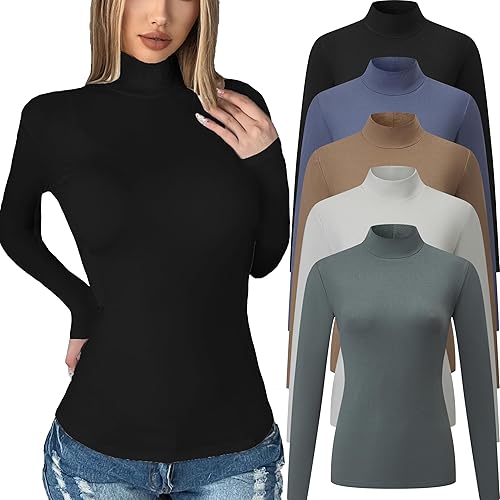 Chongbaijia 5 Pack Womens Long Sleeve Tops Mock Turtleneck Basic T Shirt Fall Stretch Tight Fitted Thermal Shirts - Medium - 5 Piece：black/White/Khaki/Blue/Green
