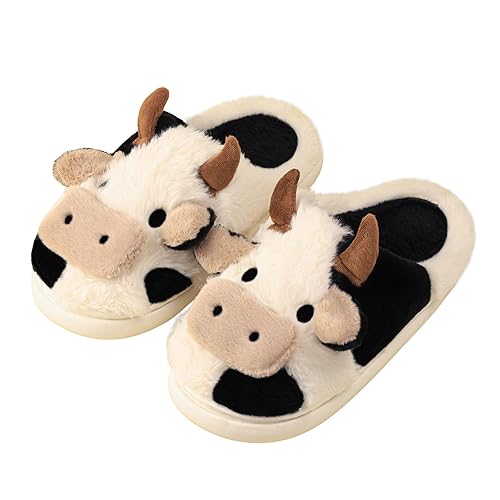 Gaolinci Cartoon Cow Cotton Slippers, Winter Indoor Outdoor Slippers for Women - 7 Women/6 Men - Cow