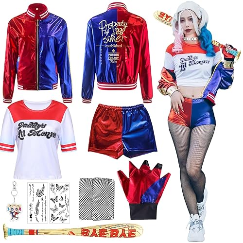 YeahBoom Harley Quinn, costume da donna per bambini, Harley Quinn, costume da ragazza, set incluso giacca - M - Adulto