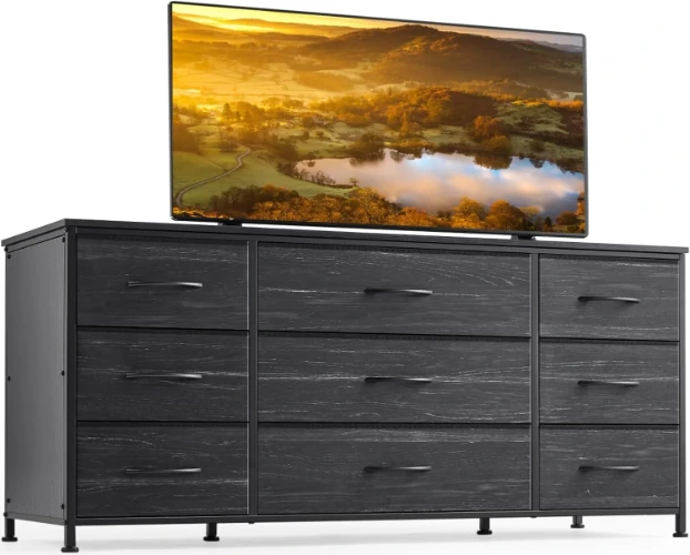 EnHomee Wide Dresser TV Stand with 9 Drawers Dresser for Bedroom, Black Wide Chests of Drawers TV Console with Large Storage Unit for Living Room/Bedroom Furniture, Black