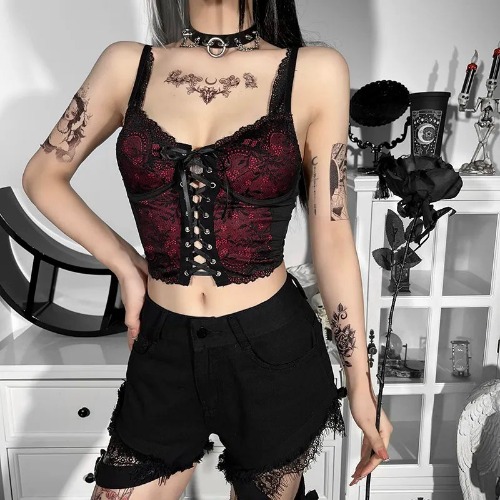 'Parlour' Black and Red Lace Gothic Cami Top - black / S