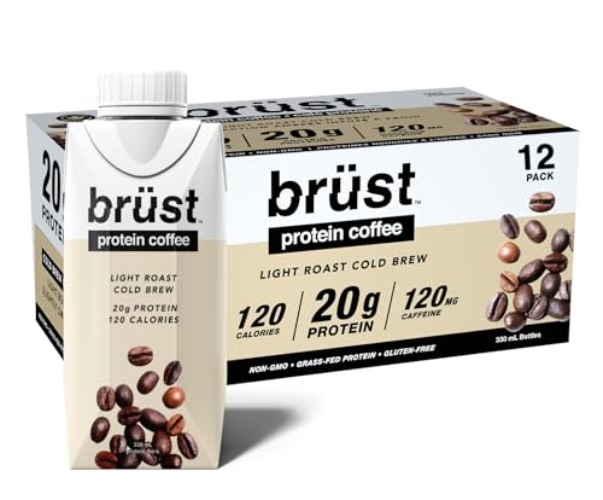 BRÜST PROTEIN COFFEE LIGHT ROAST (20g Protein, 120mg Caffeine, 120 Calories) Light Bodied, Slightly Sweetened, 330mL, 12 Pack, Brust Cold Brew Iced Coffee - AS SEEN ON DRAGON'S DEN - Light Roast: light bodied slightly sweet