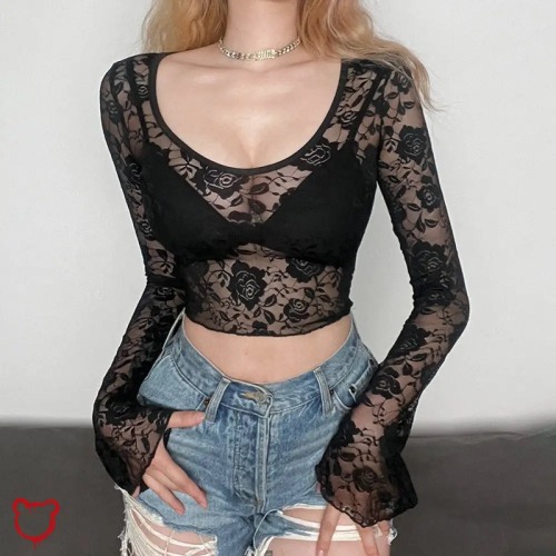 Black Lace Crop Top - Black / S