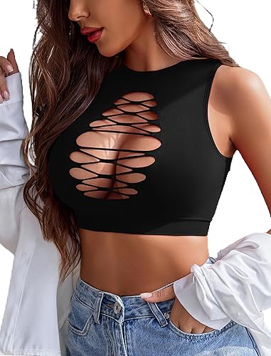 Avidlove Women's Fishnet Top Sexy Cut Out Crop Short Hollow Out Cropped Tank Top(S M L) - One Size - Black