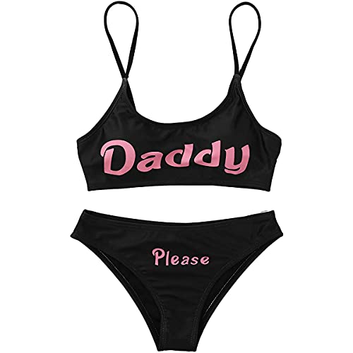 Women's 2Pcs Come Here Yes Daddy Please Printed Bikini Swimsuit Bathing Suit Padded Bra Top Panty Set Swimwear - Small - Black