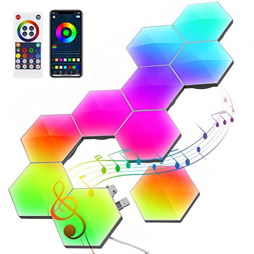 Hexagon LED Wall Lights - 10 Pack Gaming Lights, Smart Modular RGB-IC Honeycomb Light with APP Remote Control and Music Sync Gaming Setup Lighting Bars DIY Geometry Module for Game Room, Bedroom - 10 Pcs