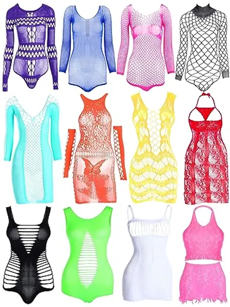 Geyoga 12 Pieces Women's Fishnet Lingerie Mesh Babydoll Bodysuit Lace Smock Lingerie for Women