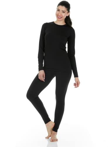 Thermajane Long Johns Thermal Underwear for Women Fleece Lined Base Layer Pajama Set Cold Weather - Small - Black