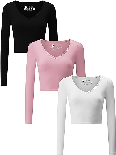 3 Piece Women's V Neck Long Sleeve Crop Tops Lightweight Stretch Fitted Cropped Top for Women Workout Gym Exercise Yoga - Black/Pink/White - Small