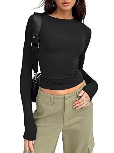 Trendy Queen Womens Long Sleeve Shirts Fall Fashion 2023 Crop Tops Basic Layering Workout Slim Fitted Y2K Tops - Medium - Black