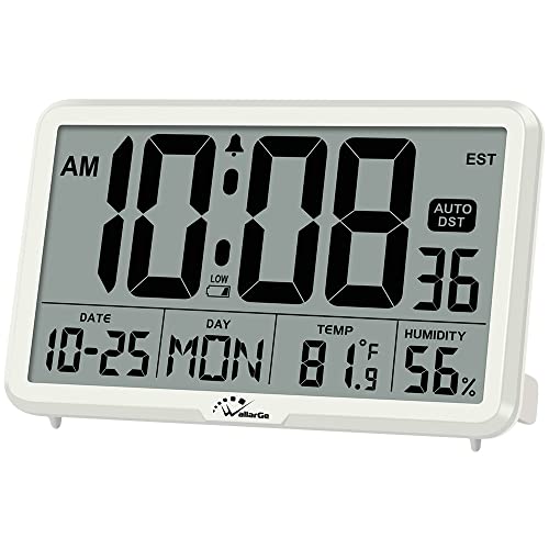 WallarGe Auto Set Digital Wall Clock Battery Operated, Desk Clocks with Temperature, Humidity and Date, Large Display Digital Calendar Alarm Clock for Elderly, Bedroom, Office, 8 Time Zone, Auto DST. - White