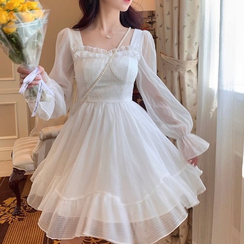 French Sweet Fairy Lolita Dress Women Long Sleeve Lace Y2k Mini Dress Vintage Kawaii Clothes One Piece Dress Korean Autumn spring | white / L