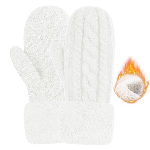 Women's Winter Gloves Warm Lining - Cozy Wool Knit Thick Gloves Mittens - White