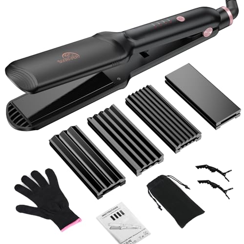 Sixriver Hair Crimper for Women, Hair Waver Hair Straightener Curling Iron Flat Crimping Hair Iron with 4 Interchangeable Plates Ceramic Waver Hair Tool, 15s Fast Heating for Thin Fine Hair, Black - Black