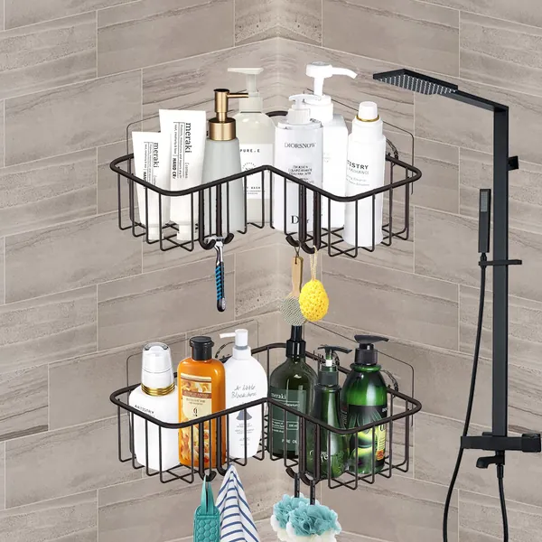 Corner Shower Caddy, Bathroom Shelf Rack with Hooks, 90° Corner Shower Shelf,Premium SUS304 Stainless Steel Storage Organizer for Bathroom, Toilet, Kitchen and Dorm (Black)