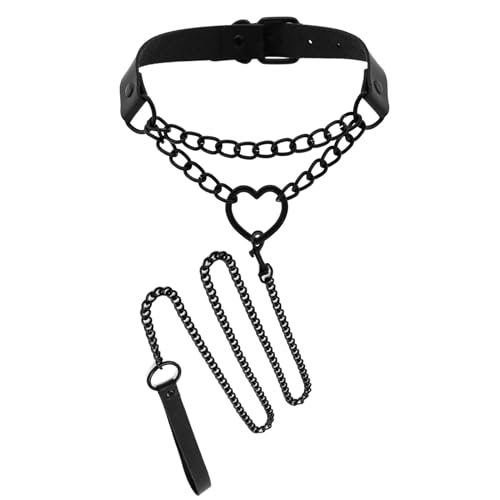 Tosmifairy Vintage Love Heart Black Leather Choker Collar and Leash Set Sexy Role-Play Emo Gothic Cospaly Accessories