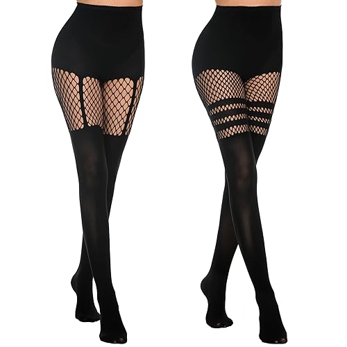 MANZI Womens Faux Thigh High Fishnet Stockings Stitching Opaque Pantyhose Mock Over the Knee Goth Striped Suspender Tights - One Size - 1 Suspender + 1 Striped