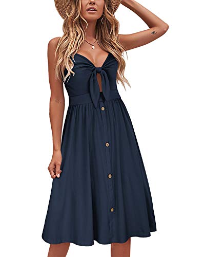 VOTEPRETTY Women's 2023 Floral V Neck Tie Front Spaghetti Strap Beach Dresses with Pockets - Small - Navy