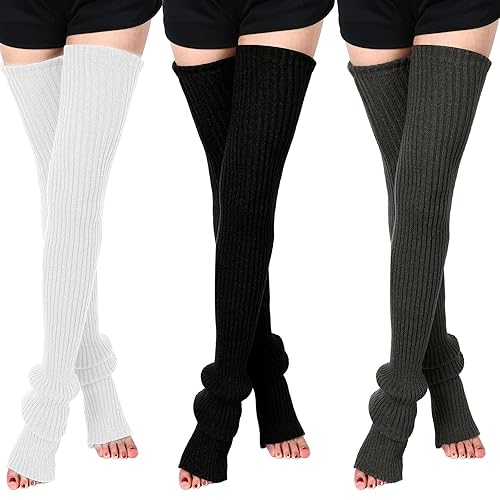 SATINIOR Leg Warmers 3 Pairs Thigh High Leg Warmers Knit Long Leg Warmers Warm Sweater Leg Warmers Women Leg Footless Socks - Black, White, Dark Grey
