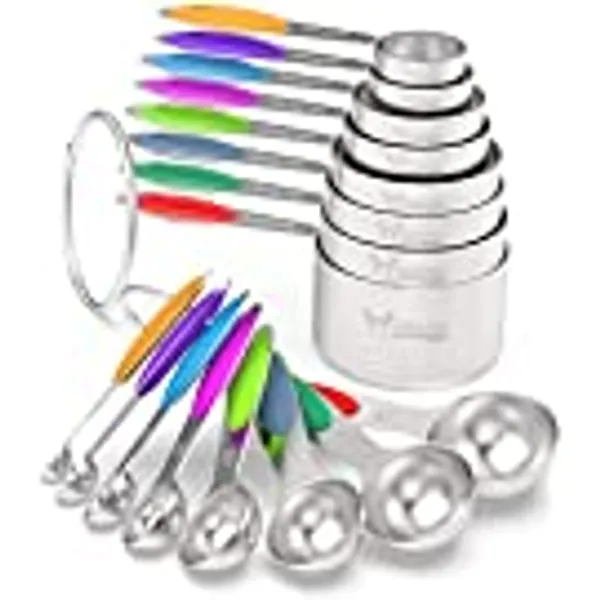 Measuring Cups & Spoons Set of 16, Wildone Premium Stainless Steel Measuring Cups and Measuring Spoons with Colored Silicone Handle, Including 8 Nesting Cups, 8 Spoons, for Dry and Liquid Ingredient