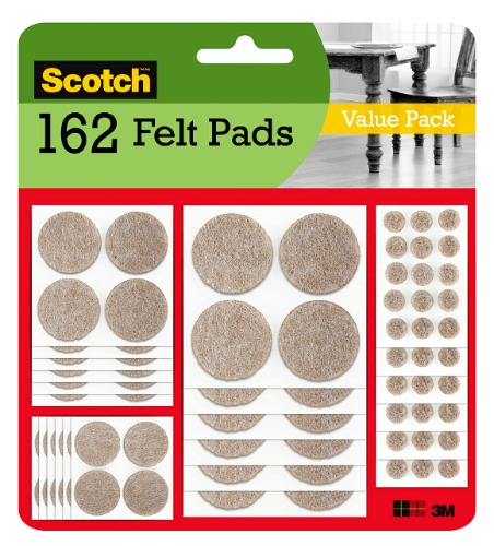 Scotch Felt Pads, Felt Furniture Pads for Protecting Hardwood Floors, Round, Beige, Assorted Sizes Value Pack, 162 Pads - Assorted Sizes 162 Pads
