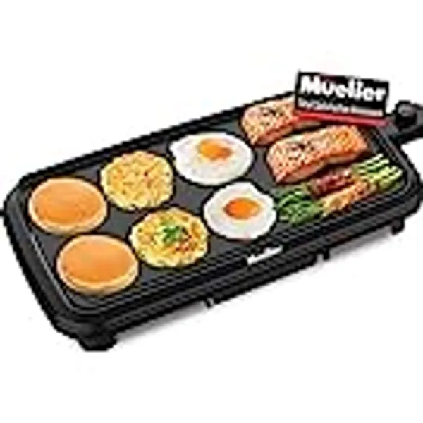 Mueller HealthyBites Eco Nonstick 20 Inch Electric Griddle Teflon-free, 10 Eggs at Once, Cool-Touch Handles and Slide-Out Drip Tray, for Breakfast Pancakes, Burgers, Eggs, Black