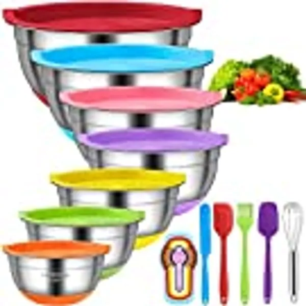 CHAREADA Mixing Bowls with Airtight Lids, 18pcs Stainless Steel Nesting Colorful Mixing Bowls Set ¨C Non-slip Silicone Bottom, Size 7, 5.5, 4, 3.5, 2.5, 2, 1.5 qt, Fit for Mixing & Serving