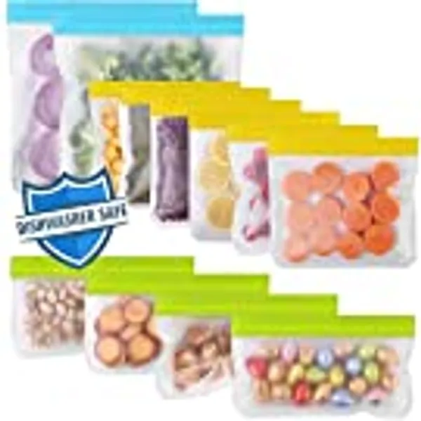 Reusable Ziplock Bags Silicone Dishwasher Safe, 12 Pack BPA FREE Reusable Freezer Bags, Reusable Sandwich Kids Snack Bags, Leakproof Reusable Food Storage Bags for Lunch, 2 Gallon 6 Sandwich 4 Snack