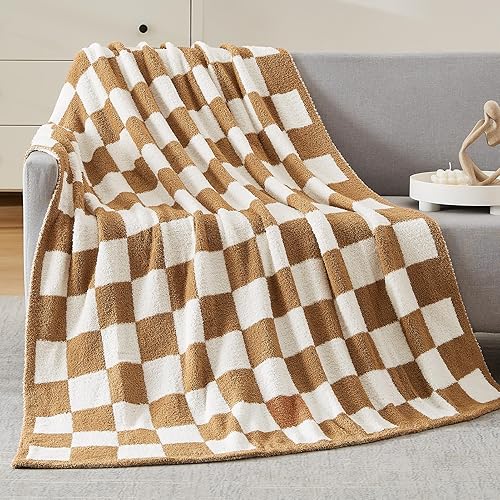 WRENSONGE Checkered Throw Blanket, Burnt Orange Microfiber Soft Cozy Fluffy Warm Hand Made Throw Blankets for Couch, Sofa, Chair, Bed, Camping, Picnic, Travel Lightweight Bed Blanket - 50"*70" - Burnt Orange - 50*70 Inch