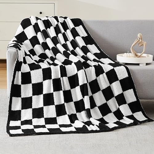 WRENSONGE Checkered Throw Blanket, Black and White Microfiber Soft Cozy Fluffy Warm Hand Made Throw Blankets for Couch, Sofa, Chair, Bed, Camping, Picnic, Travel Lightweight Bed Blanket - 50"*70" - Black White - 50*70 Inch