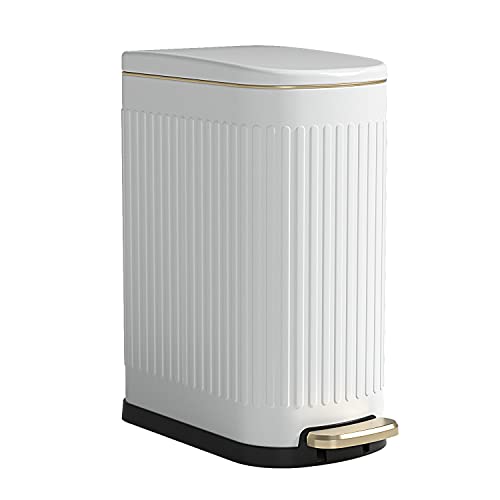 CEROELDA White Bathroom Trash Can with Lid-10L/2.6 Gallon Stainless Steel Step Slim Garbage Can-Rectangle Pedal Trash Bin for Narrow Office, Kitchen, Bedroom, Toilet-Soft Close (B-White/2.6 Gallon) - B-White/2.6 Gallon
