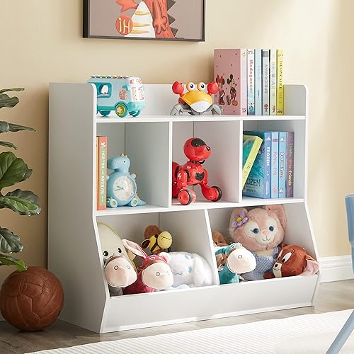 Kovhzcu Toy Storage Organizer with Bookshelf, 5-Cubby Children's Toy Shelf, Toy Storage Cabinet, Suitable for Children's Room, Playroom, Hallway, Kindergarten, School - White