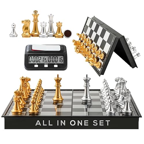 Magnetic Chess Board Game & Digital Chess Clock Timer Set - Professional and Portable, 14" x 14" Inches Chess Board - Travel Chess, Board Games