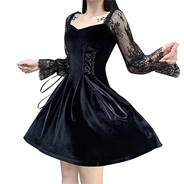 LANSHULAN Lace Long Sleeve Dress Black Draped Bodycon Goth Vintage Dresses