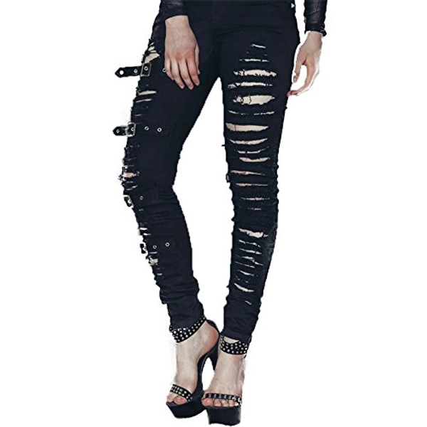 Punk Women Black Torn Hole Stretchy Legging Pants Jeans with Buckles