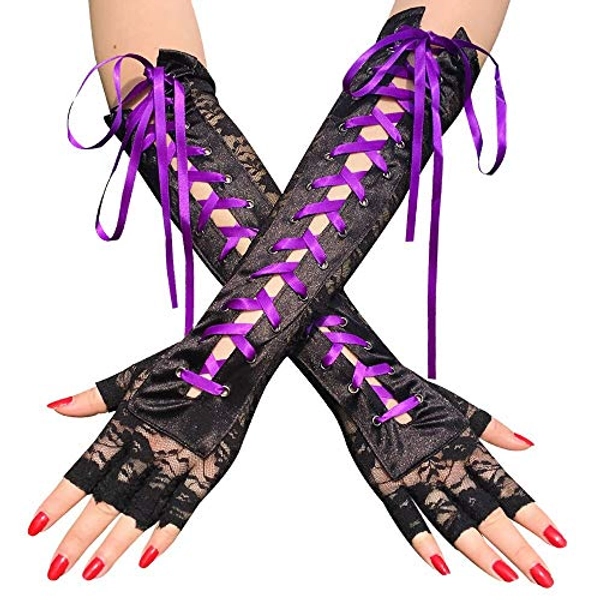 JISEN Womens Fingerless Gloves Elbow Lace Up steampunk Costume Arm Warmer