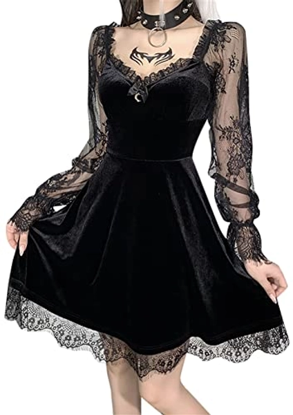 LANSHULAN Lace Long Sleeve Dress Black Draped Bodycon Goth Vintage Dresses