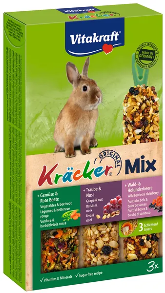 Vitakraft Nagersnack Zwergkaninchen Kräcker Trio Gemüse,Nuss,Waldbeer, 1x 3St - 